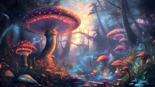 Glowing fantasy mushroom forest with luminous river path.