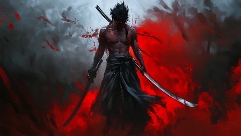 Blood-soaked samurai warrior strides through crimson storm