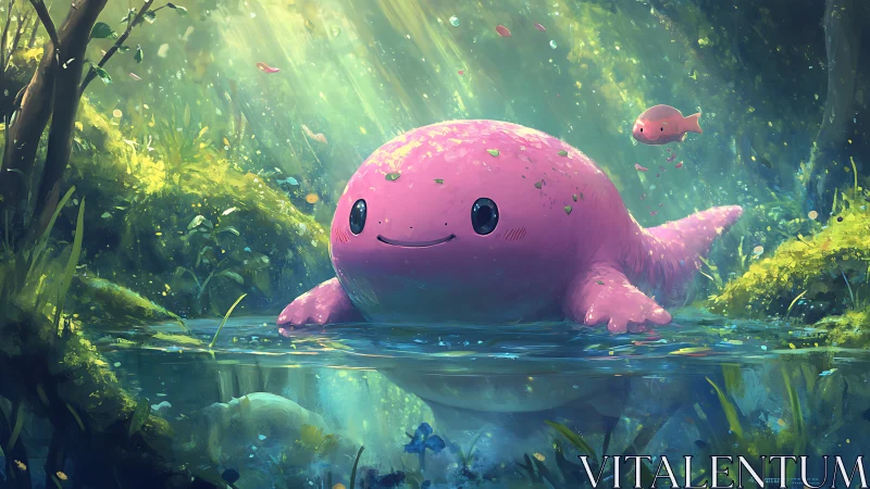 Pink aquatic creature rests in shallow forest water pool