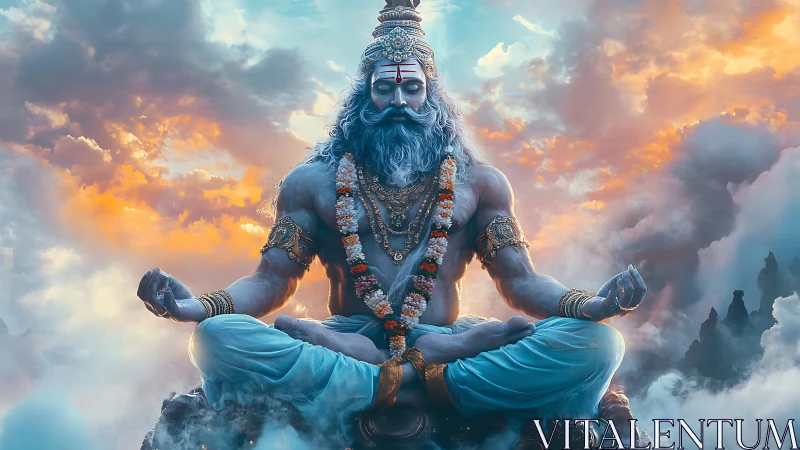 Mythic yogi in celestial meditation, digital painting focus.