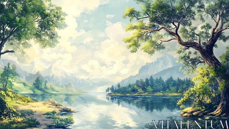 Calm mountain lake with trees and distant forested peaks.