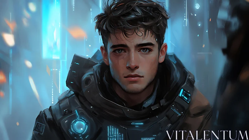 Young sci fi soldier in armored suit with neon blue tech