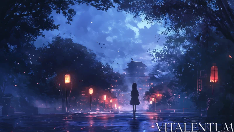 Solitary silhouette on lantern-lit temple avenue at dusk.