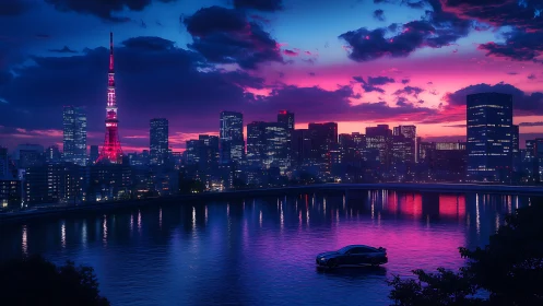 Neon dusk skyline with reflective river and silhouetted sports car.