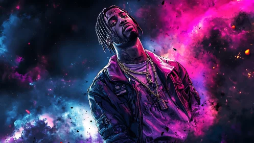 Portrait of neon-lit man in cosmic pink and blue cloudscape