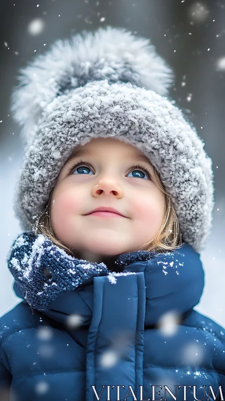 Child in Snow. Frost-covered hat, wonder-struck expression upward.