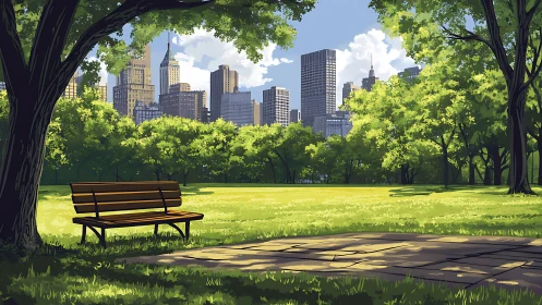 Sunlit city park bench beneath trees and skyline view.