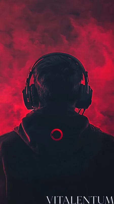 Backlit gamer silhouette with headphones in red smoke field.