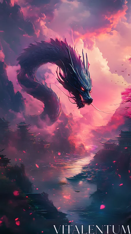 Serpentine dragon dominates neon dusk above mystic river valley