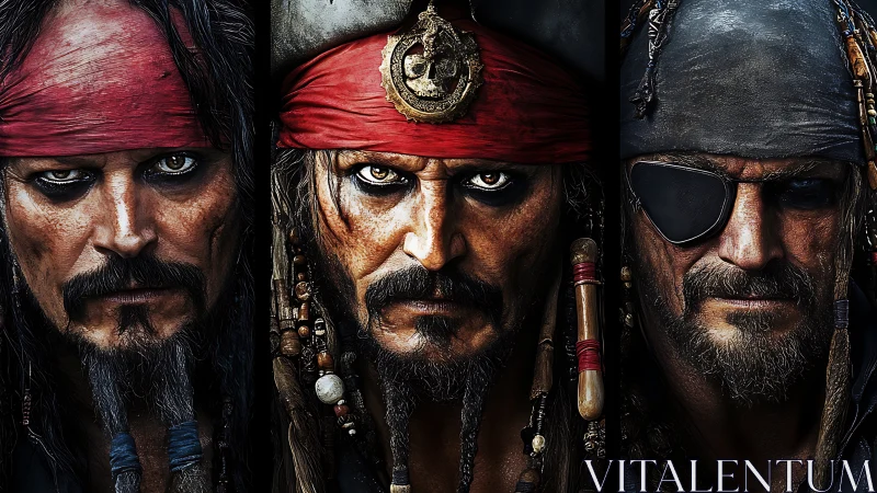 Triptych of three digitally rendered pirate character portraits