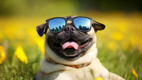 Sunny day pug in cool sunglasses enjoying golden fields.