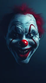 Clown portrait shows isolated head with stylized red makeup