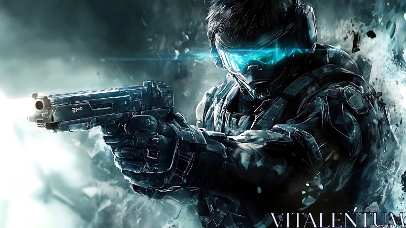 Tactical exosuit marksman discharging sidearm in ionized fog.