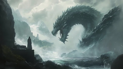Cloaked figure confronts massive sea dragon on misty shore.