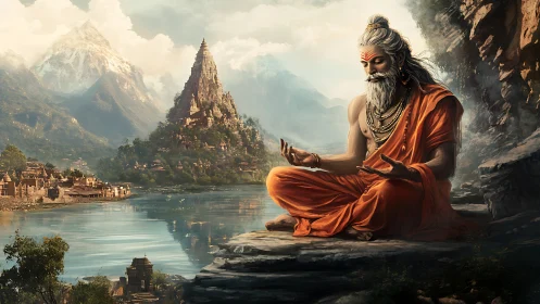 Ancient sage meditates by sacred river in mystical Himalayas