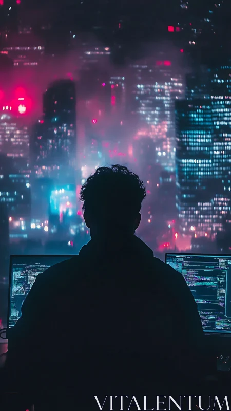 Night coder watching neon city lights from the workspace.