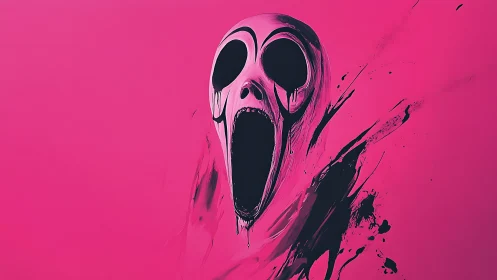 Stylized elongated skull with abstract black paint on pink.