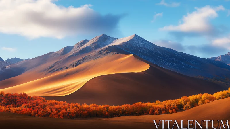 Sand dune ridge before snowcapped mountains at sunrise.