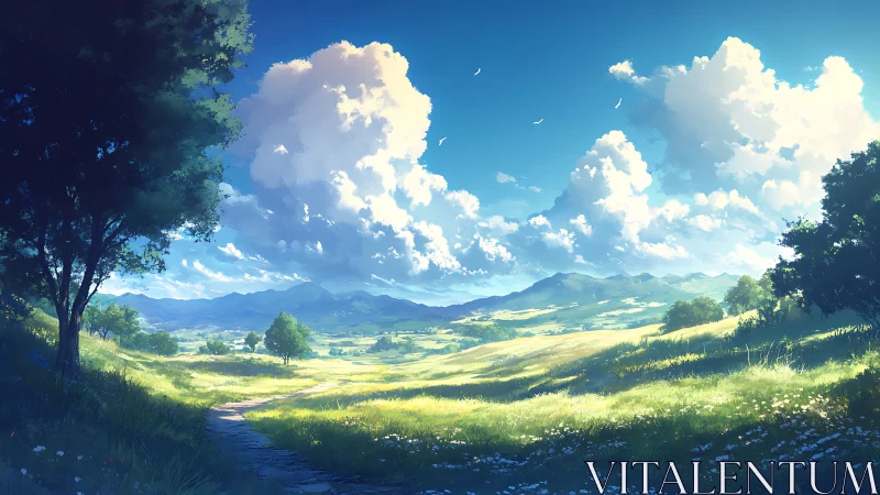 Sunlit rural valley with distant mountains and cumulus clouds.