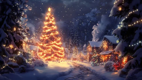 Snow-covered village street shows illuminated Christmas trees