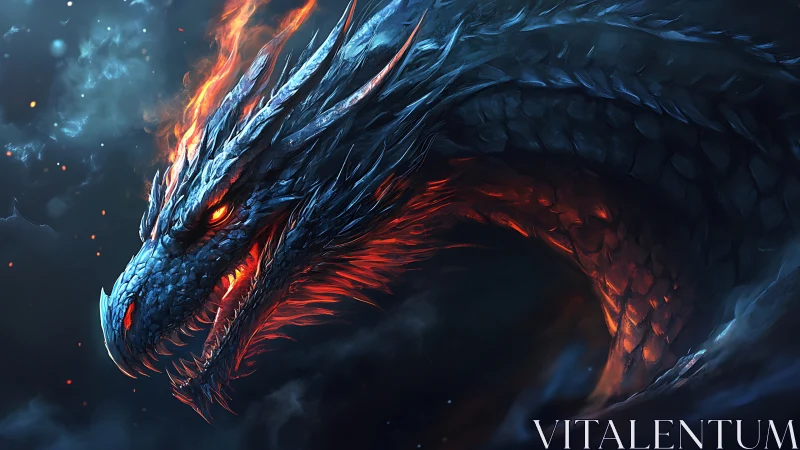 Ember-scaled storm dragon coils through nightfire skies.