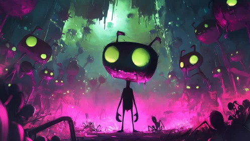 Neon-eyed alien brood rising in a dripping cosmic gloom.