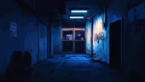 Neon alleyway corridor under cold blue night light.