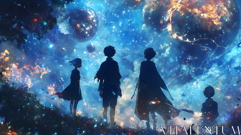 Stargazing silhouettes under luminous cosmic skyscape.