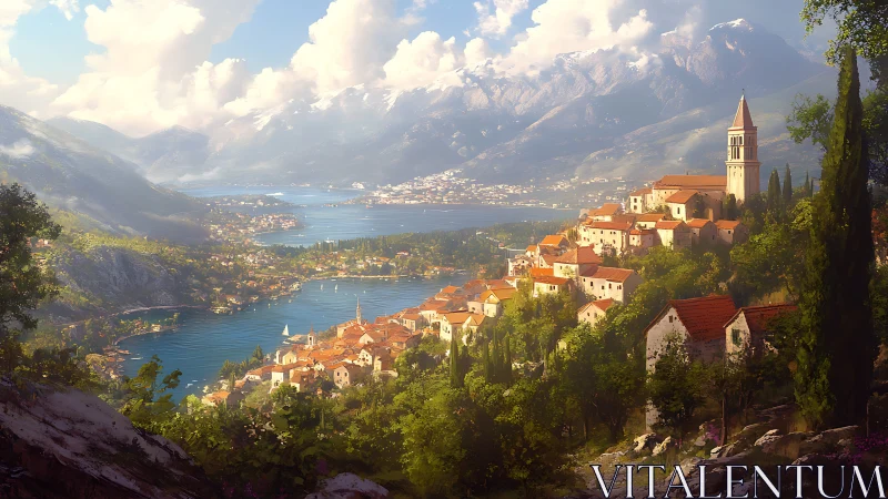 Mediterranean terraced hillside town above alpine fjord bay