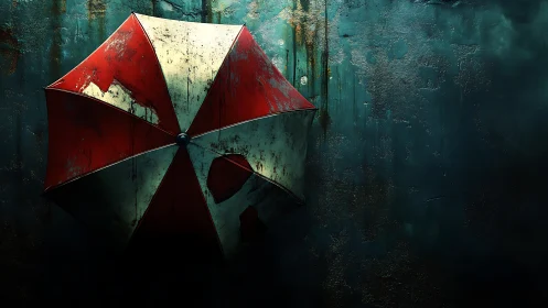 Weathered red umbrella on dark corroded teal wall.