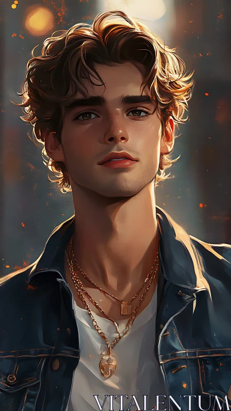 Young man portrait in denim jacket and layered necklaces.