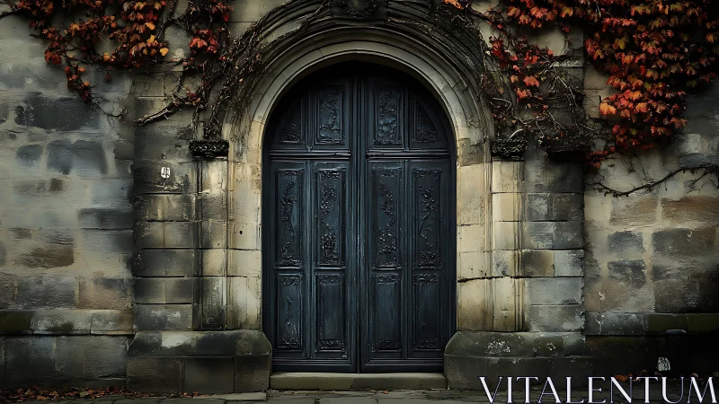 Gothic stone doorway with dark wooden doors and ivy.