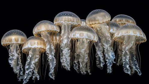 Translucent jellyfish cluster glows against black void