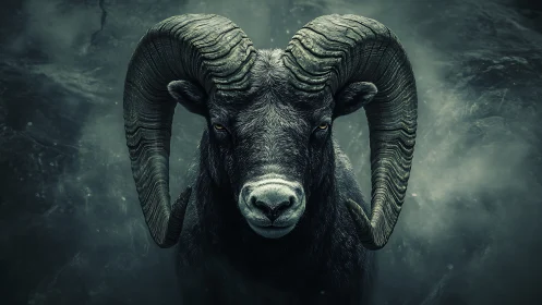 Stormborne ram king emerges from shadowed mountain mist.
