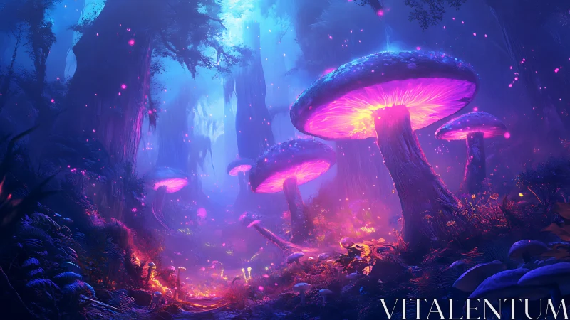 Neonspell mushrooms glow in a dream-soaked twilight forest.