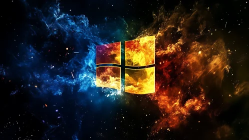 Windows OS logo rendered with dynamic color gradient and particle effects depicting elemental forces