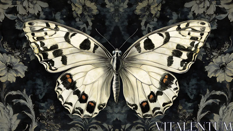 Monochrome butterfly illustration over dark floral field.