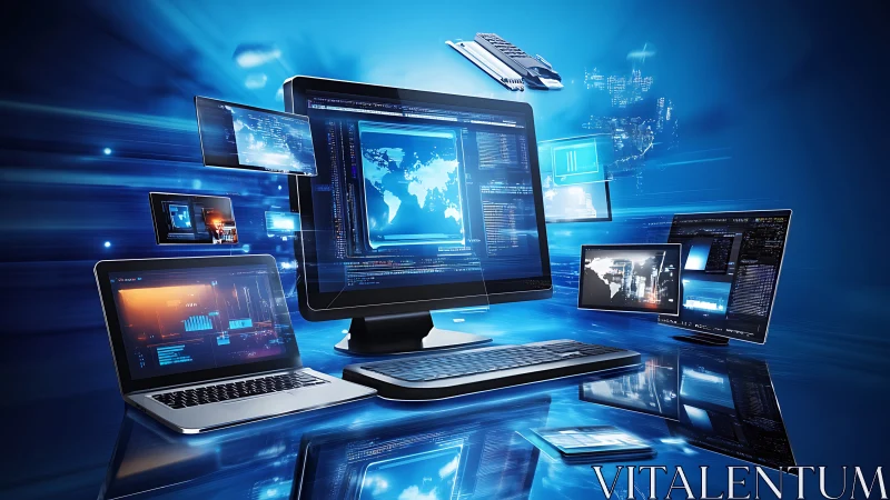 Screens in orbit craft a luminous data galaxy of code and light.