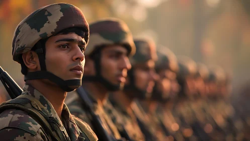 Photorealistic military portrait in shallow depth-of-field formation.