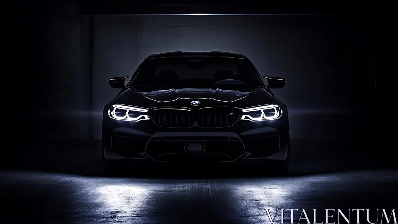 Sport sedan front view with LED lights in dark studio.