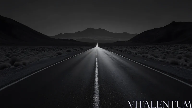Lonely desert highway stretches toward distant mountain silhouettes