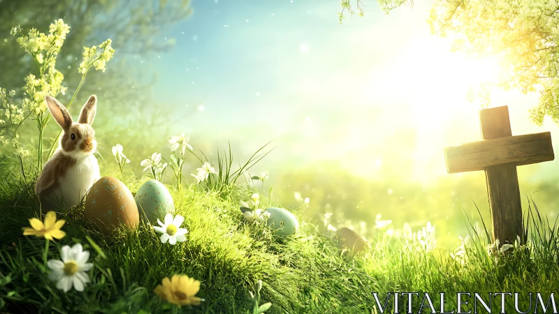Easter bunny, eggs, and wooden cross in bright spring field.