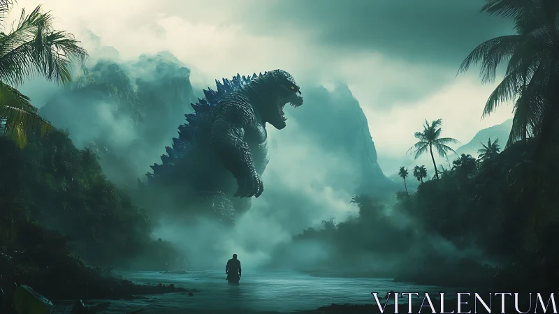 Colossal reptilian titan looms over a mist-shrouded jungle
