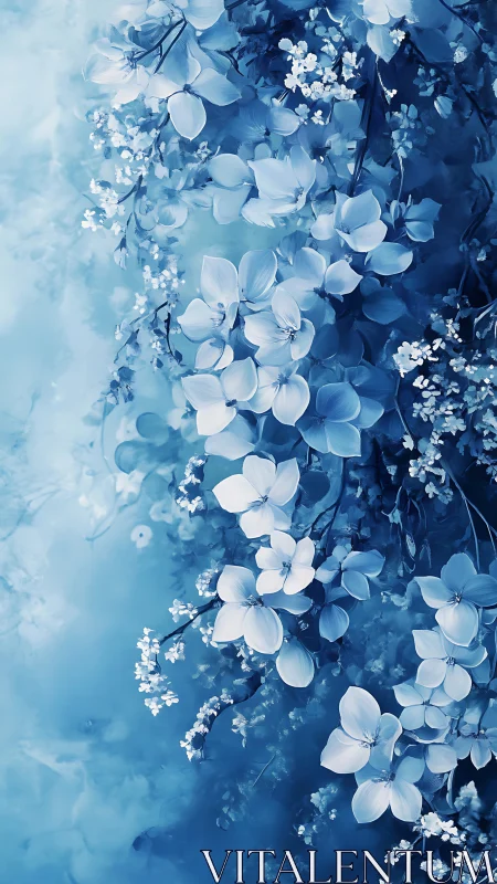 Blue Floral Cascade. Ethereal White Petals Against Gradient Depths.
