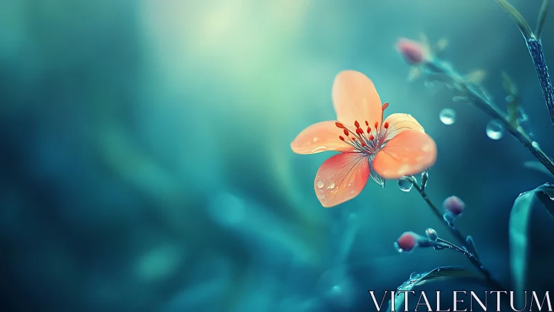 Orange flower with water droplets against blurred teal background