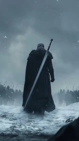 Solitary warrior stands before army in frozen battlefield.