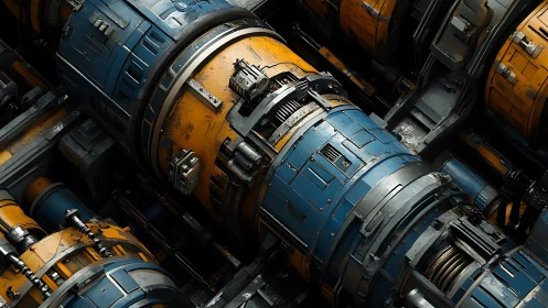 Industrial sci fi engine core in bold blue and yellow tones.
