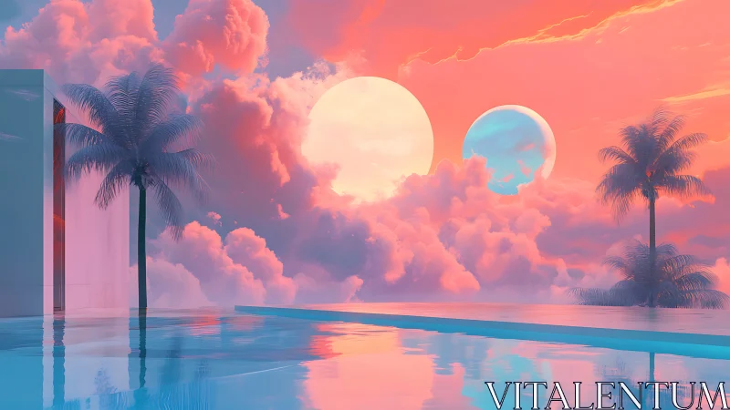 Twin moons drift above a neon pastel infinity pool dreamscape.