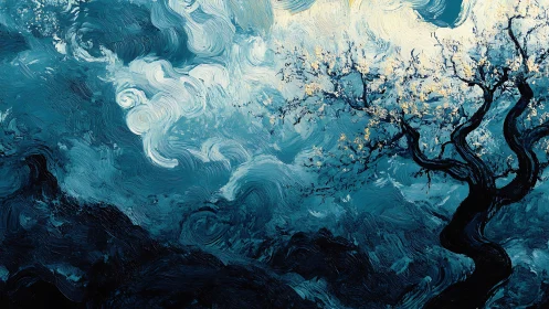 Storm-kissed blossom tree swirling beneath moonlit tides.