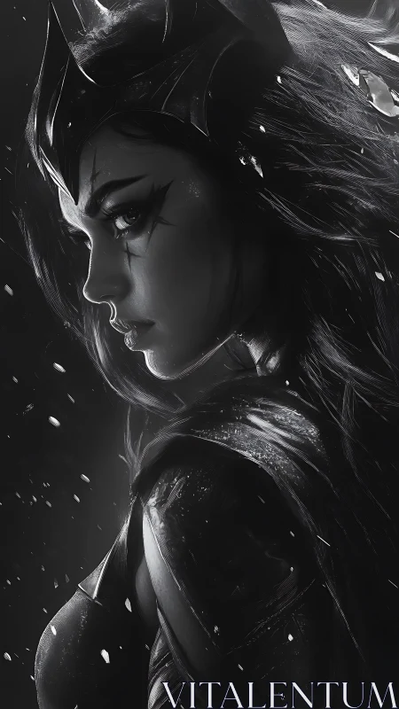 Monochrome armored sorceress portrait with dynamic rim lighting.